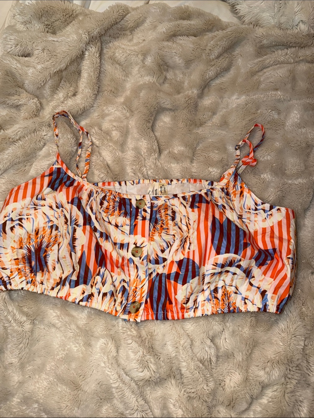 Anthropologie Orange & Navy Striped Floral Button-Front Crop Cami